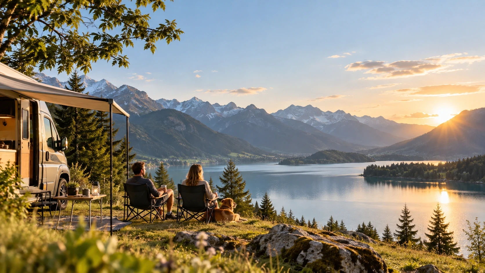 Camping mit Wohnmobil am See im warmen Abendlicht